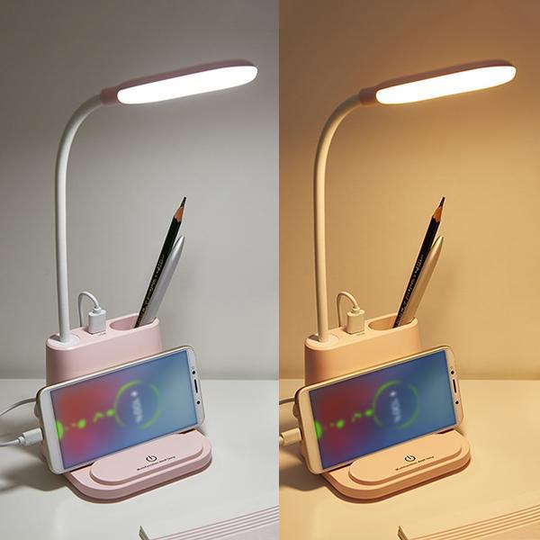 Lâmpada de Mesa LED com Porta de Carregamento USB e Suporte de Caneta